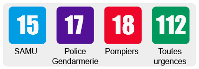 Numéros d'urgence : 15 SAMU - 17 Police Gendarmerie - 18 Pompiers - 112 Toutes urgences